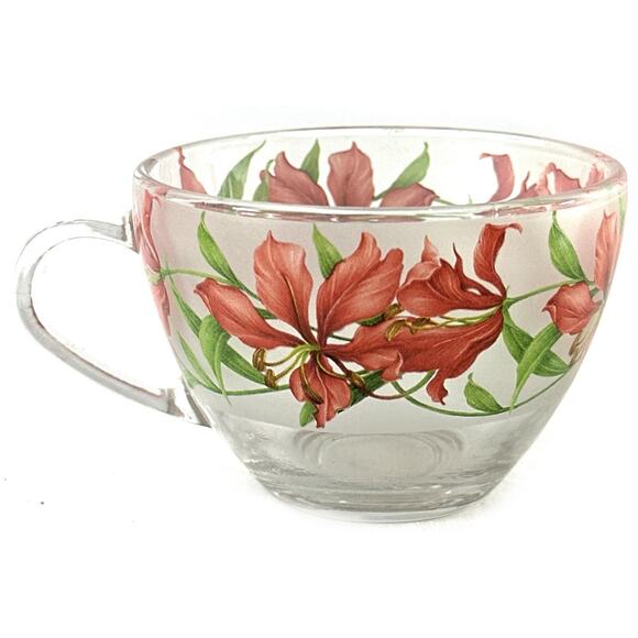 Briliant Indonesia Frosted Glass Teacup & Saucer Red Lily Floral Vintage - Picture 5 of 6